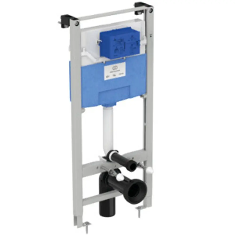 WC-Element von Ideal Standard mit einer blauen Rückwand, Metallrahmen und Anschlüssen für Sanitärrohre an der Unterseite.